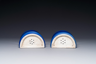 A pair of Chinese monochrome blue-glazed wall pocket vases, 19/20th C.