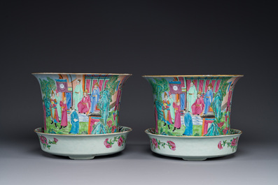 A pair of fine Chinese Canton famille rose jardinieres on stands, 19th C.