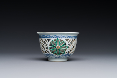 A rare Chinese reticulated double-walled famille verte cup, Kangxi