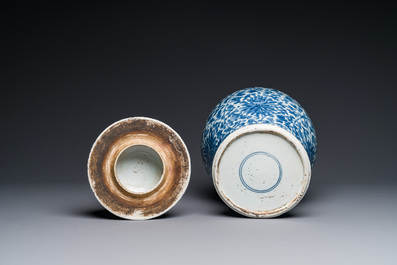 A Chinese blue and white 'lotus scroll' vase and cover, Kangxi