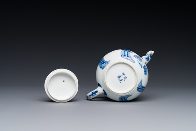 A Chinese blue and white 'Long Eliza' teapot and cover, Chenghua mark, Kangxi