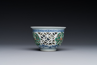 A rare Chinese reticulated double-walled famille verte cup, Kangxi