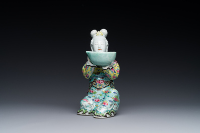 A Chinese famille rose figure of a lady with a bowl, Yongzheng