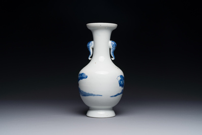 A Chinese blue, white and copper-red vase with warriors on horseback, Qianlong mark, 19th C.