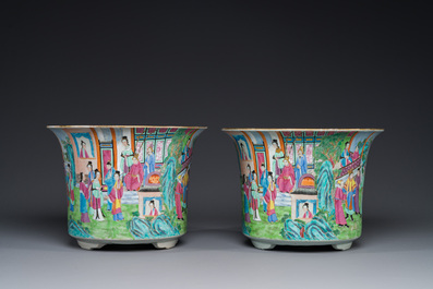 A pair of fine Chinese Canton famille rose jardinieres on stands, 19th C.