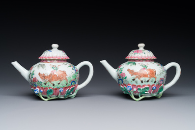 A pair of Chinese famille rose 'boy and buffalo' teapots, Yongzheng