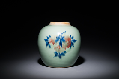 A Chinese celadon-ground blue, white and copper-red ginger jar with reticulated wooden cover and stand, 18th C.