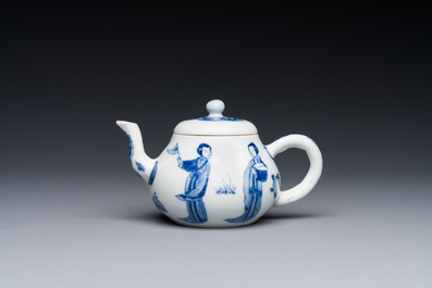 A Chinese blue and white 'Long Eliza' teapot and cover, Chenghua mark, Kangxi