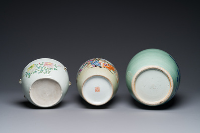 A Chinese famille rose covered bowl, a vase and a blue and white celadon-ground jar, 19/20th C.