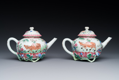 A pair of Chinese famille rose 'boy and buffalo' teapots, Yongzheng