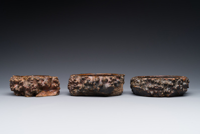 Three Chinese burl wood brush washers, 19th C.