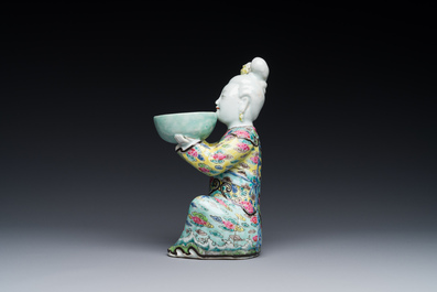 A Chinese famille rose figure of a lady with a bowl, Yongzheng