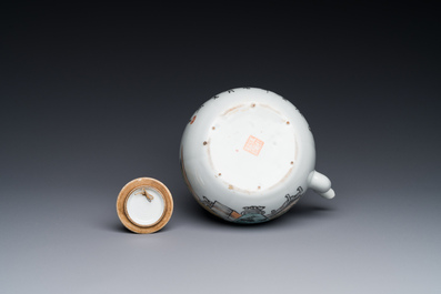 A Chinese qianjiang cai 'antiquities' teapot, Xu Pinheng 許品衡 signed, Tongzhi mark, dated 1889