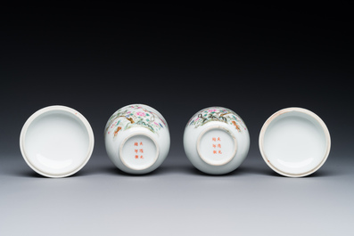 Une paire de pots couverts en porcelaine de Chine famille rose &agrave; d&eacute;cor d'oiseaux et de fleurs, marque et &eacute;poque Guangxu