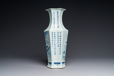 A Chinese blue and white double lozenge-shaped vase with a mountainous river landscape, 19th C.