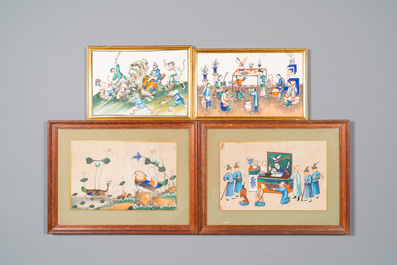 Dix peintures sur papier de riz &agrave; d&eacute;cor de personnages, de la faune et de la flore, Chine, Canton, 19/20&egrave;me