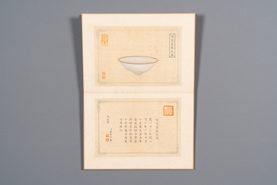 A Chinese 'imperial porcelain' album, ink and colour on silk, Qianlong seal mark, 20th C.