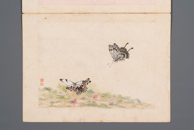 Ecole chinoise: Deux parties d'album avec quatre dessins et une calligraphie, marque en sceau Lisheng 笠生, 19/20&egrave;me
