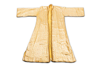 An Iranian gold-thread-embroidered silk caftan, a hat, a coin bracelet and a Koran holder, 19th C.