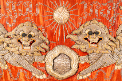 Two Chinese gold and silver-thread-embroidered silk cloths with lions and Guandi, 19th C.