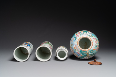Two Chinese famille rose hat stands, a vase and a jar, 19th C.