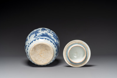 A Chinese blue and white 'Jia Guan Jin Jue 加官晉爵' vase and cover, Transitional period