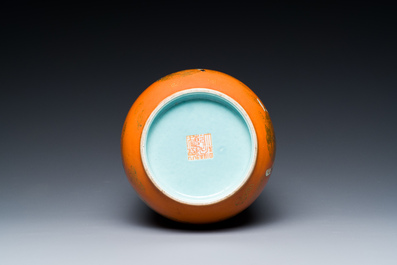 A Chinese famille rose coral-red-ground 'immortals' rouleau vase, Qianlong mark, Republic