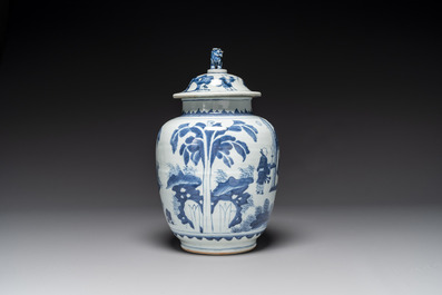 A Chinese blue and white 'Jia Guan Jin Jue 加官晉爵' vase and cover, Transitional period