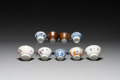 Nine Chinese blue and white, famille rose and Imari-style cups and saucers, Kangxi/Qianlong