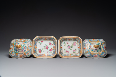 Een paar 'CSM' gemonogrammeerde Chinese famille rose dekselterrines, Jiaqing