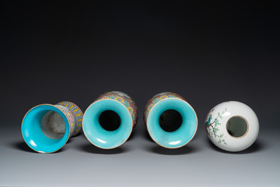 A pair of Chinese famille rose vases, a spittoon and a jar with cover, 19th C.