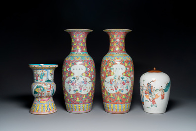 A pair of Chinese famille rose vases, a spittoon and a jar with cover, 19th C.