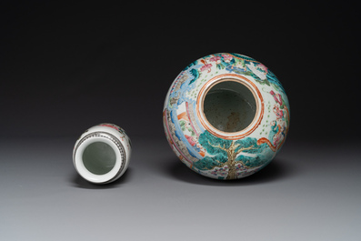 Two Chinese famille rose hat stands, a vase and a jar, 19th C.