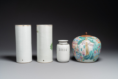 Two Chinese famille rose hat stands, a vase and a jar, 19th C.