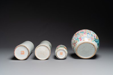 Two Chinese famille rose hat stands, a vase and a jar, 19th C.