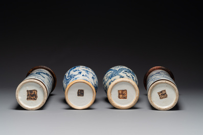 Two pairs of Chinese blue and white Nanking crackle-glazed 'dragon' vases and a dish, Chenghua mark, 19th C.