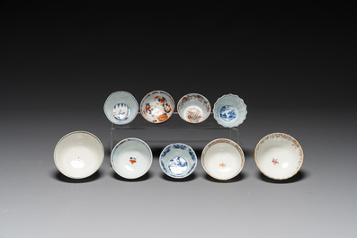 Nine Chinese blue and white, famille rose and Imari-style cups and saucers, Kangxi/Qianlong