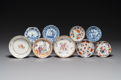 Nine Chinese blue and white, famille rose and Imari-style cups and saucers, Kangxi/Qianlong