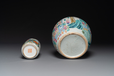 Two Chinese famille rose hat stands, a vase and a jar, 19th C.