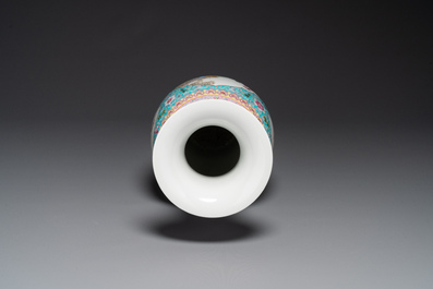 A Chinese famille rose dish with figural design and a 'rice production' vase, Qianlong mark, 20th C.