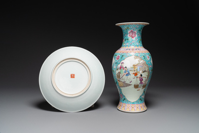 A Chinese famille rose dish with figural design and a 'rice production' vase, Qianlong mark, 20th C.