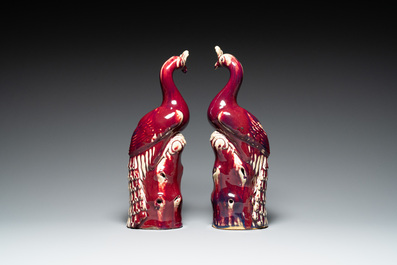 Paire de mod&egrave;les de paons en porcelaine de Chine &agrave; &eacute;mail flamb&eacute; sur socles en bois, 19&egrave;me