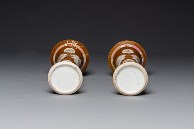 A Chinese capucin-brown-ground famille rose garniture of five vases with floral design, Qianlong