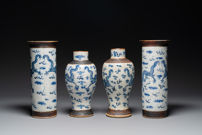 Two pairs of Chinese blue and white Nanking crackle-glazed 'dragon' vases and a dish, Chenghua mark, 19th C.