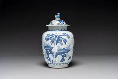 A Chinese blue and white 'Jia Guan Jin Jue 加官晉爵' vase and cover, Transitional period