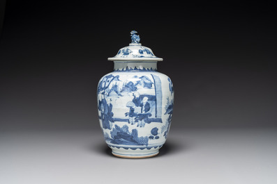 A Chinese blue and white 'Jia Guan Jin Jue 加官晉爵' vase and cover, Transitional period