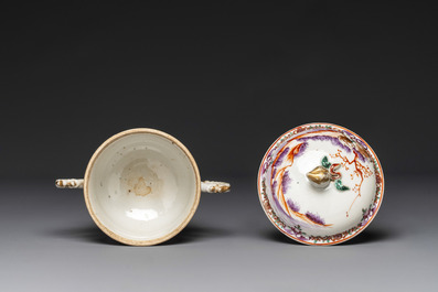 Four Chinese famille rose cups and saucers and a sugar bowl with design of two horses, Qianlong