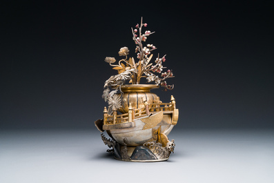 A Japanese parcel-gilt bronze and silver 'phoenix' boat, Meiji, 19th C.