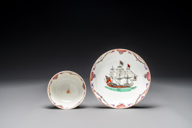 A rare Chinese famille rose 'European merchant ship' cup and saucer, Qianlong