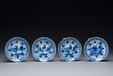 Four Chinese blue and white cups and saucers and a Chinese Imari-style shaving bowl, Kangxi Qianlong